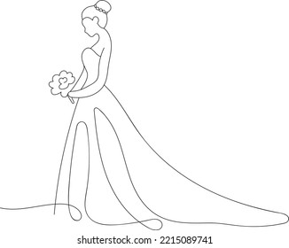 Bride one line art icon flat vector illustration isolated for wedding invitation. Bride icon, bride silhouette side view wearing a wedding dress. Continuous line hand drawn

