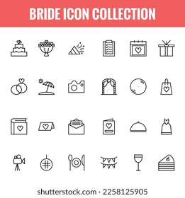 Bride outline icons collection vector, wedding symbols and signs, bride and groom, love, celebration vector isolated on white background - vector illustration.