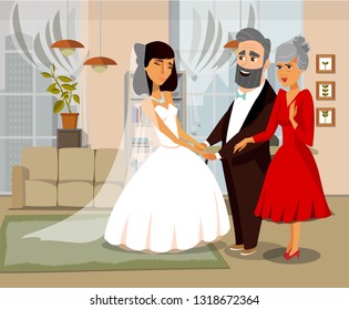 Bride with Parents Cartoon Vector Illustration. Traditional Wedding Ceremony Concept. Flat Elegant Hand Drawn Characters in Room. Happy Fiancee in Wedding Dress, Bridal Veil with Mother and Father