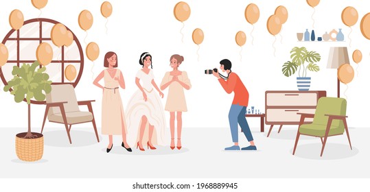 Ilustración plana vectorial de fotosesión de novia. Feliz novia sonriente con vestido de novia con damas de honor posando para el fotógrafo para fotos de bodas. Preparación para la ceremonia de bodas de lujo, fiesta de matrimonio.