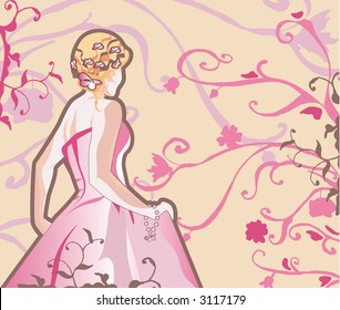 Bride in pink open shoulders dress on vector beige background with swirls and scrolls