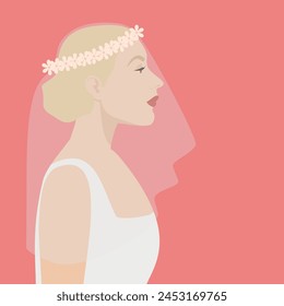 Bride, portrait in a white dress and veil on a coral background. Beautiful young woman in profile, side view on pink. Illustration, for postcards, invitations, wedding printing.