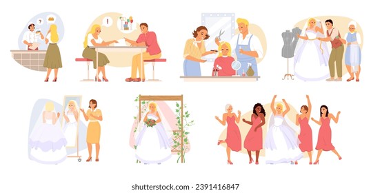 La preparación de novias y la planificación de la ceremonia de bodas son un conjunto aislado. Peluquería de mujeres, costura de ropa de novia, soltera de la organización de despedidas de soltero ilustración vectorial. Concepto de celebración del matrimonio en el día anterior