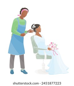 bride preparing for wedding day, hairdresser makes the bride's hairstyle	