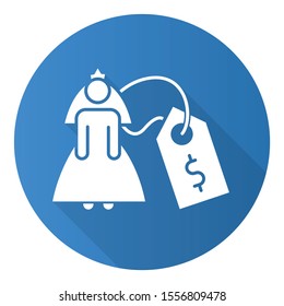 Bride price blue flat design long shadow glyph icon. Female rights violation. Forcible wedlock. Compulsory marriage. Woman as trophy. Relationship with no consent. Vector silhouette illustration