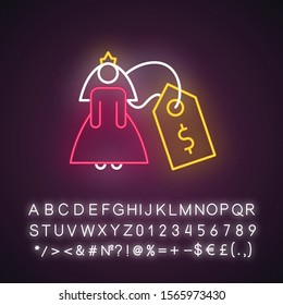 Bride price neon light icon. Female rights violation. Forcible wedlock. Compulsory marriage. Woman as trophy. Glowing sign with alphabet, numbers and symbols. Vector isolated illustration