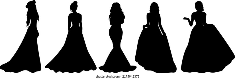 bride, princess black silhouette, isolated, vector