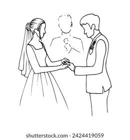 bride puts a ring on the groom's finger during the wedding ceremony - hand drawn doodle illustration. drawing of the newlyweds in front of the priest or master of ceremonies