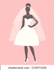 Bride in retro wedding dress, vector illustration for greeting card, invitation, banner, bridal shower.