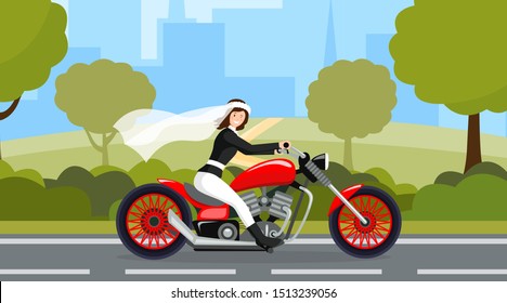 Bride riding motorbike flat character. Wedding day, marriage preparation, bridal procession, motorway photoshoot. Happy fiancee driving fast on cityscape background cartoon vector illustration