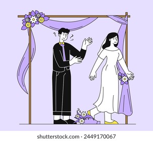 Bride running from wedding linear. Woman inwhite dress run away from man in black suit. Husband and wife. Failed marriage ceremony. Doodle flat vector illustration isolated on white background