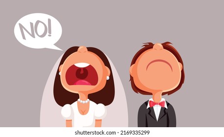 
Bride Saying No at a Wedding Ceremony Vector Cartoon Illustration. Man and woman cancelling wedding due to deceiving and infidelity
