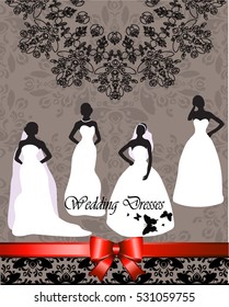 Bride. Set of brides silhouettes in a wedding dress of cards for the shop of wedding dresses. Greeting card with congratulations happy marriage, vintage, retro style . Vector Illustration