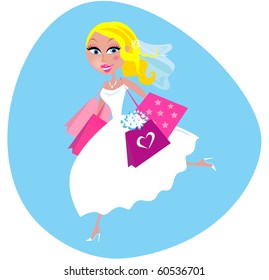 Bride with shopping bags. Bride is preparing before wedding. She is doing her shopping. Vector Illustration of cute Bride in white dress with pink shopping bags.