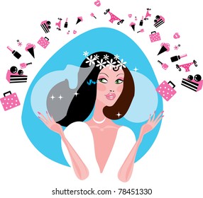 Bride Shopping. Bride is preparing before wedding. Vector Illustration of cute Bride in white dress