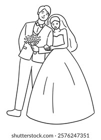 Bride shyly leans on the groom's shoulder, a cute couple on their wedding day vector illustration