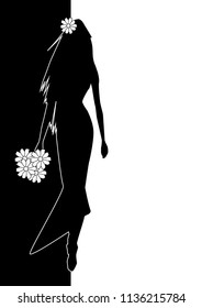 Bride silhouette black white vector design with flowers, original drawing