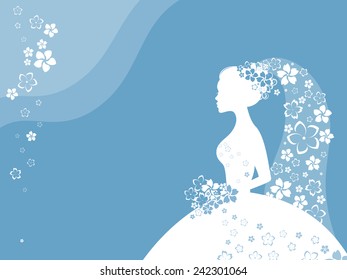 Bride silhouette, floral card in white and blue colours