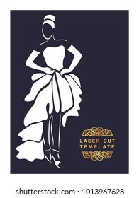 Bride silhouette. Laser cut invitation. Vector postcard cutting paper. Laser cutting template. Stencil. Wedding dress silhouette.