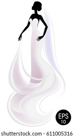 Bride silhouette in long chic white dress. Wedding fashion. Vector Invintation design. Woman silhouette