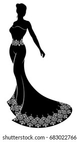 A bride in silhouette in a patterned bridal dress gown with an abstract floral pattern