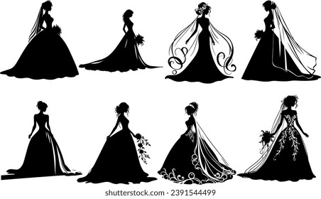 Bride Silhouette Set Isolated, Princess Vector Silhouette