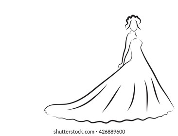 Bride Silhouette, Sketch bride, the bride in a beautiful wedding dress, wedding invitation, vector