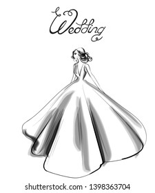 Bride silhouette Vector line art. Beautiful long dress . Template for design cards