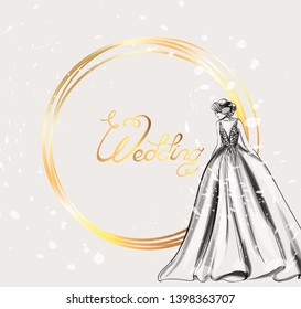 Bride silhouette Vector line art. Beautiful long dress . Template for design cards