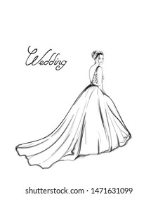 Bride silhouette Vector line art. Beautiful long dress . Template for design card