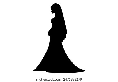 Bride Silhouette with veil and bridal bouquet, A woman bride in a bridal wedding dress, Beautiful woman bride silhouette vector illustration.