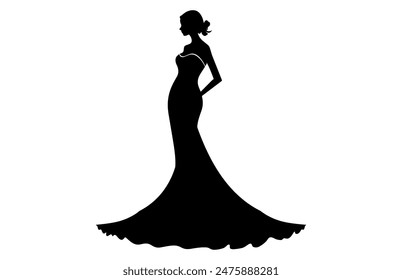 Bride Silhouette with veil and bridal bouquet, A woman bride in a bridal wedding dress, Beautiful woman bride silhouette vector illustration.