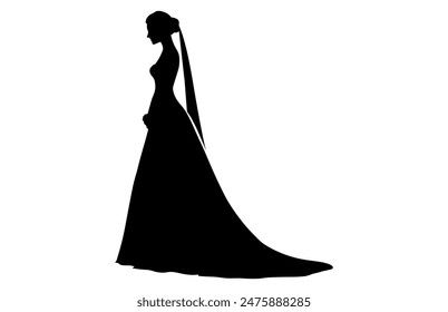 Silueta de novia con velo y ramo de novia, Una mujer novia en un vestido de novia, Hermosa mujer silueta de novia Ilustración vectorial.