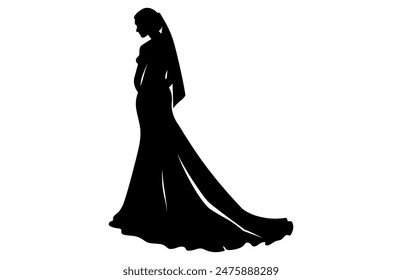 Bride Silhouette with veil and bridal bouquet, A woman bride in a bridal wedding dress, Beautiful woman bride silhouette vector illustration.