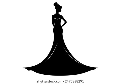 Bride Silhouette with veil and bridal bouquet, A woman bride in a bridal wedding dress, Beautiful woman bride silhouette vector illustration.