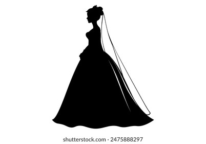 Silueta de novia con velo y ramo de novia, Una mujer novia en un vestido de novia, Hermosa mujer silueta de novia Ilustración vectorial.