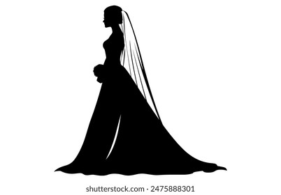 Silueta de novia con velo y ramo de novia, Una mujer novia en un vestido de novia, Hermosa mujer silueta de novia Ilustración vectorial.