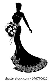 Bride silhouette wedding design with the bride in a patterned bridal wedding dress gown with an abstract floral pattern holding a floral wedding bouquet of flowers