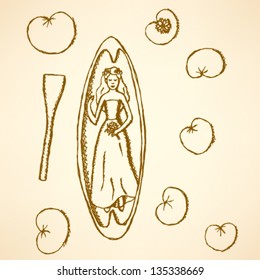 Bride sleeping in canoe around water lily, vector illustration