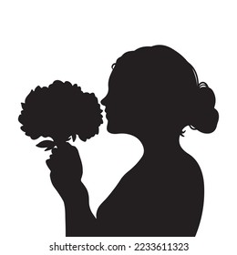 Bride smelling bouquet of flowers from side view vector silhouette. Girl from side view smell flowers drawing. Black pictogram with flat art style isolated on white background.