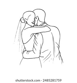 bride smiles with her hand on the shoulder of the groom who is hugging her - hand drawn minimalistic illustration