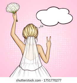 Bride standing backwards in white dress, veil with wedding bouquet in hand, pop art vector illustration on pink background. Girl holds flowers and shows peace, victory gesture. Ceremony celebration.