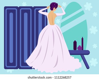 Bride is standing in front of the mirror