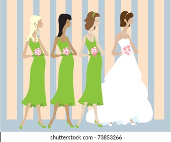 A bride standing and her bridal party 