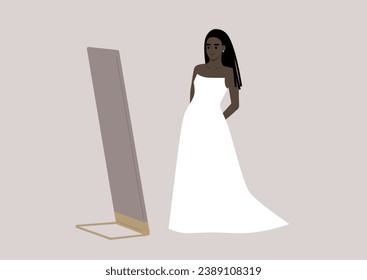 A bride stands in a fancy boutique, trying on a wedding dress while admiring herself in a grand floor mirror