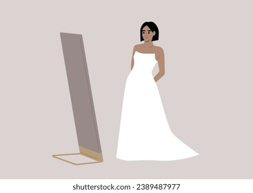 A bride stands in a fancy boutique, trying on a wedding dress while admiring herself in a grand floor mirror