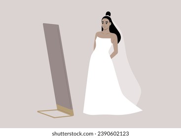 A bride stands in a fancy boutique, trying on a wedding dress while admiring herself in a grand floor mirror