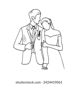 bride stands with her head down on the groom's forearm, they hold hands, the groom looks at the bride and holds the collar of his jacket - a hand-drawn drawing of the newlyweds. wedding illustration