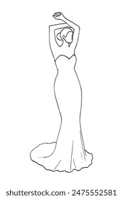 bride stands in a long bustier dress with her arms gracefully raised above her head - hand drawn doodle drawing bride or model posing for a photo