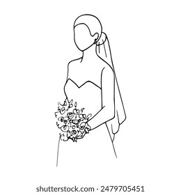 bride stands at three quarters, holding a bouquet of flowers in her hand, without a face. concept bride in a minimalistic bustier dress